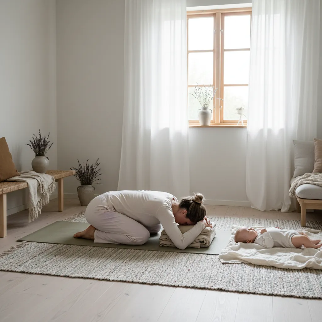 Kvinne gjør yogaøvelse på matte hjemme med baby ved siden av