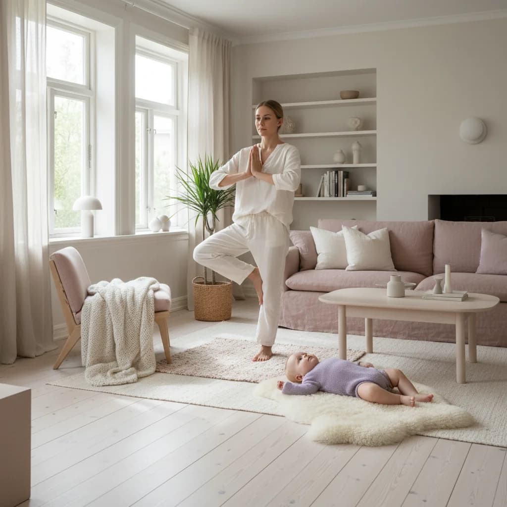 Mor som gjør yogaøvelse med baby liggende på yogamatte foran seg
