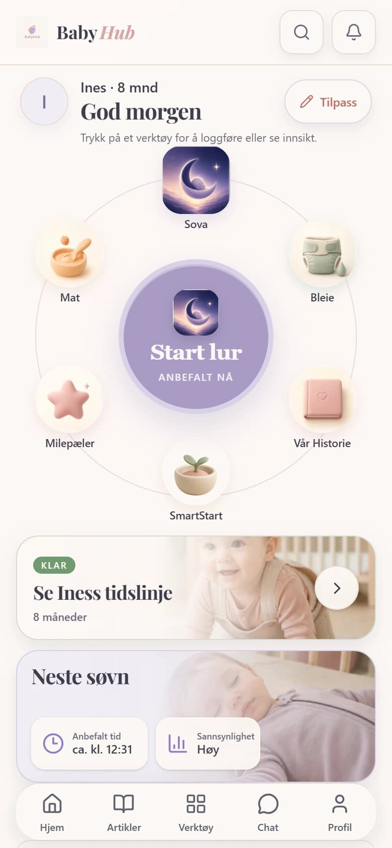 Min baby på mobil, eksempel med fiktive data
