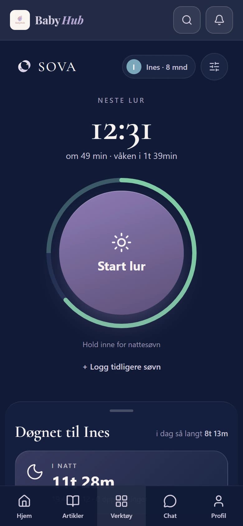 Sova på mobil, eksempel med fiktive data