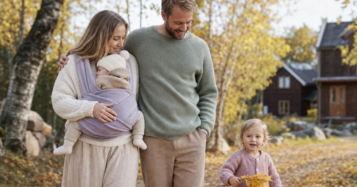 Norsk familie med baby og småbarn ute blant høstløv en klar dag