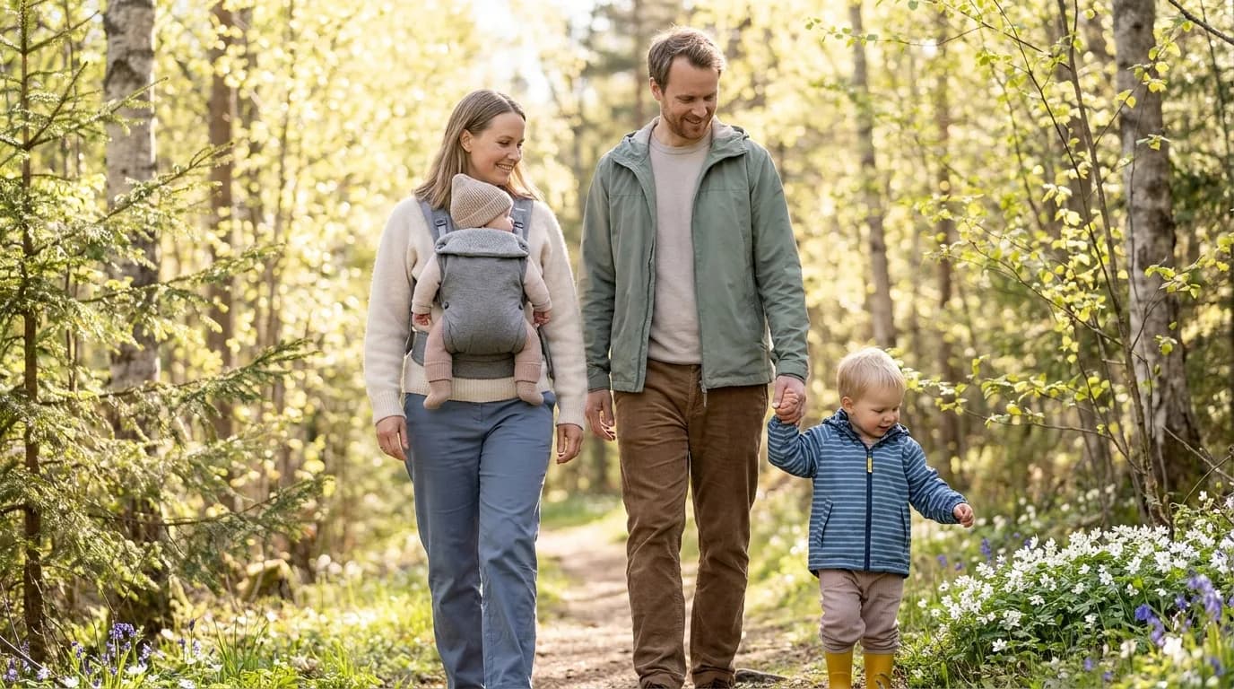 Norsk familie på tur i forårsskog en solrik dag i mai, med baby i bæresele og toddler som holder forelderens hånd