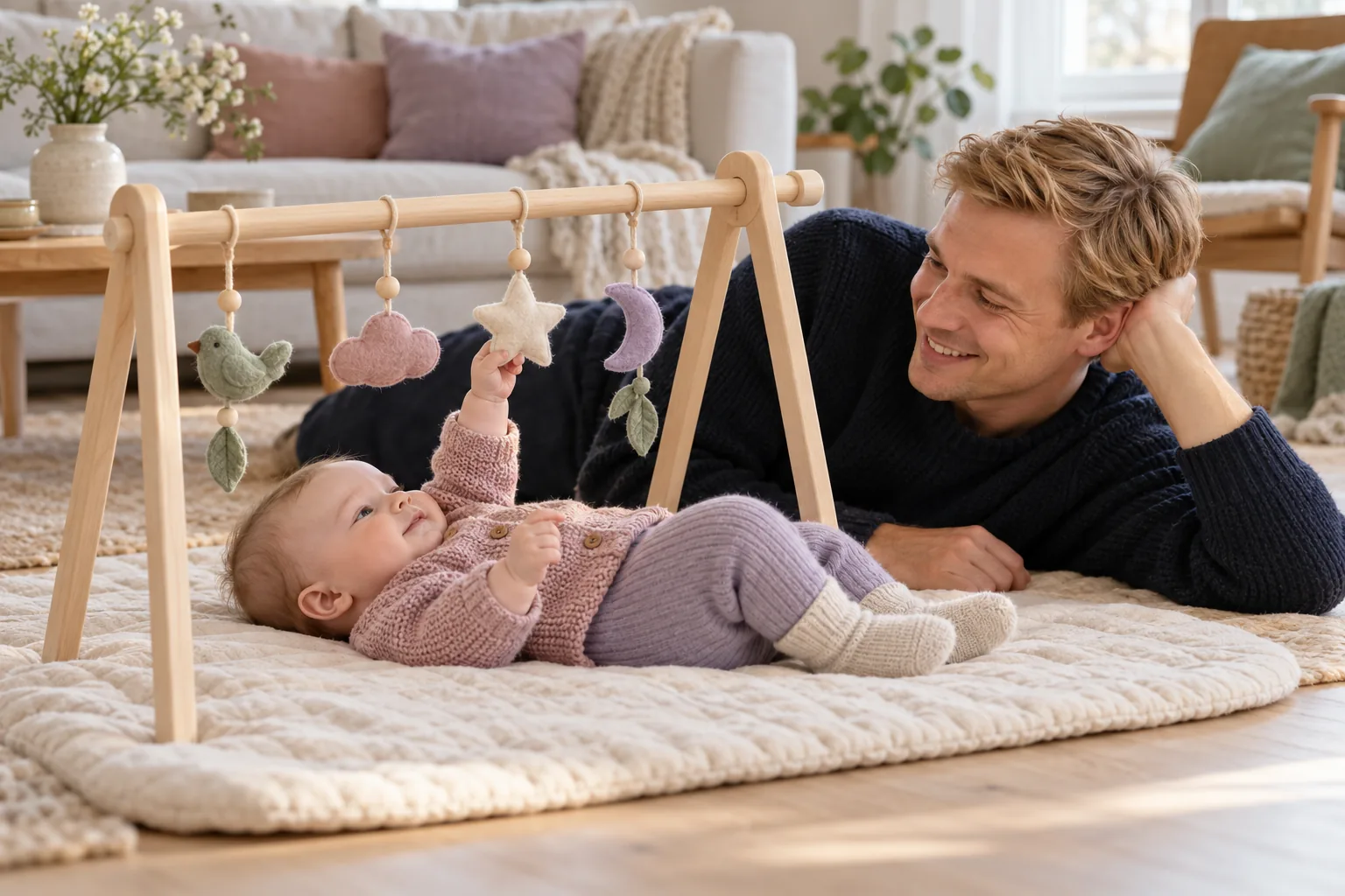 Baby ligger på ryggen under en tregym og griper etter en hengende filtstjerne, mens faren ligger på gulvet ved siden av og smiler