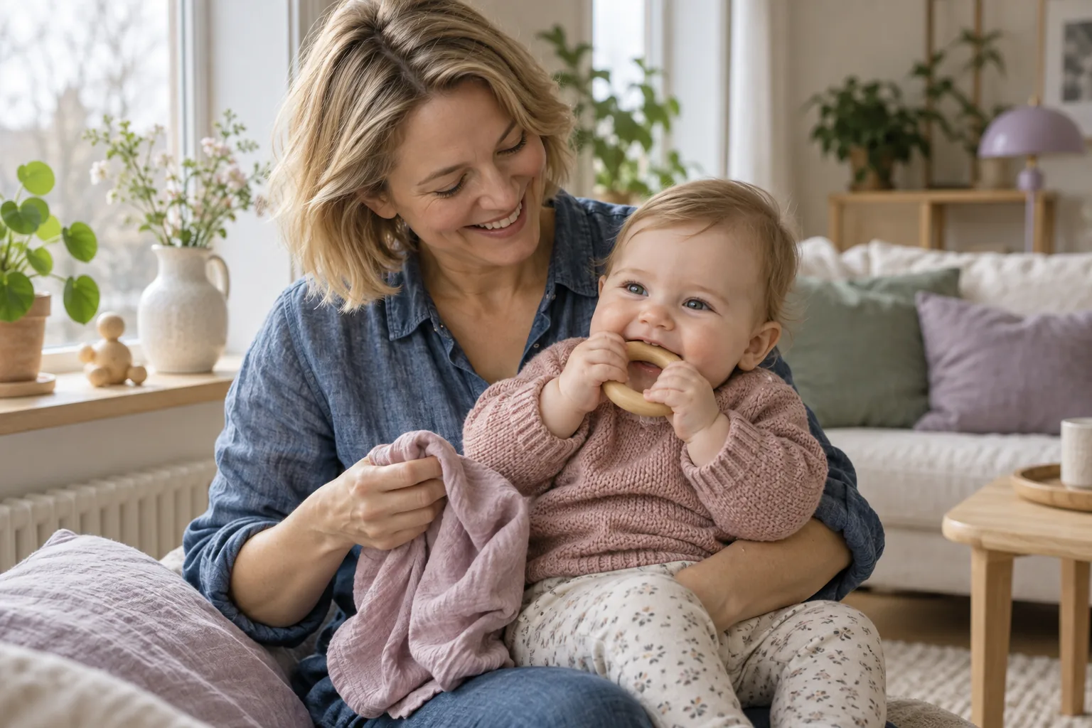 Baby på morens fang tygger smilende på en tregnager, mens moren holder en musselinklut klar