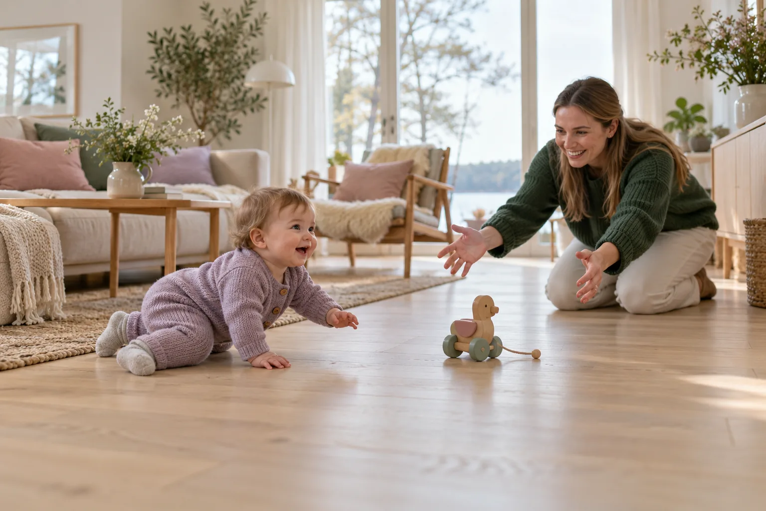Baby kravler på alle fire over tregulvet i stua mot moren, som sitter på kne med åpne armer, og en trekkeand ligger på gulvet mellom dem