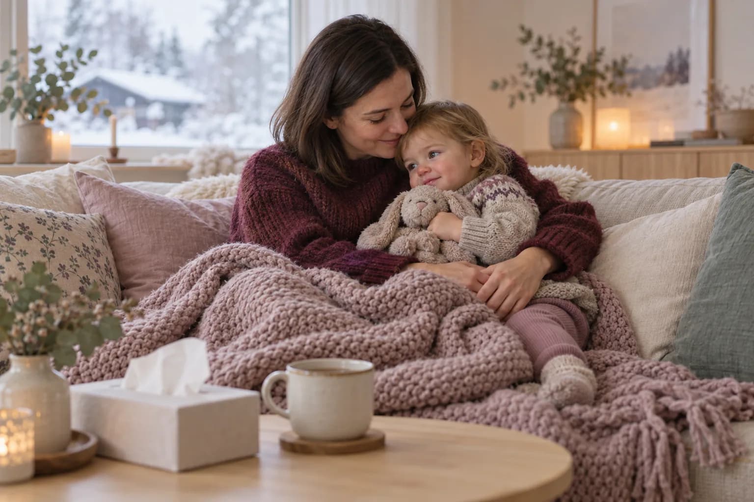 Mor og et lite barn med et kosedyr ligger tett sammen under et stort strikketeppe i sofaen, med lommetørkler og en tekopp på bordet