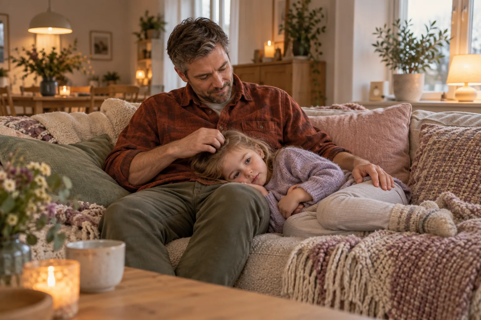Et barn ligger krøllet sammen i sofaen med hodet i farens fang og hånden på magen, mens faren stryker barnet over håret