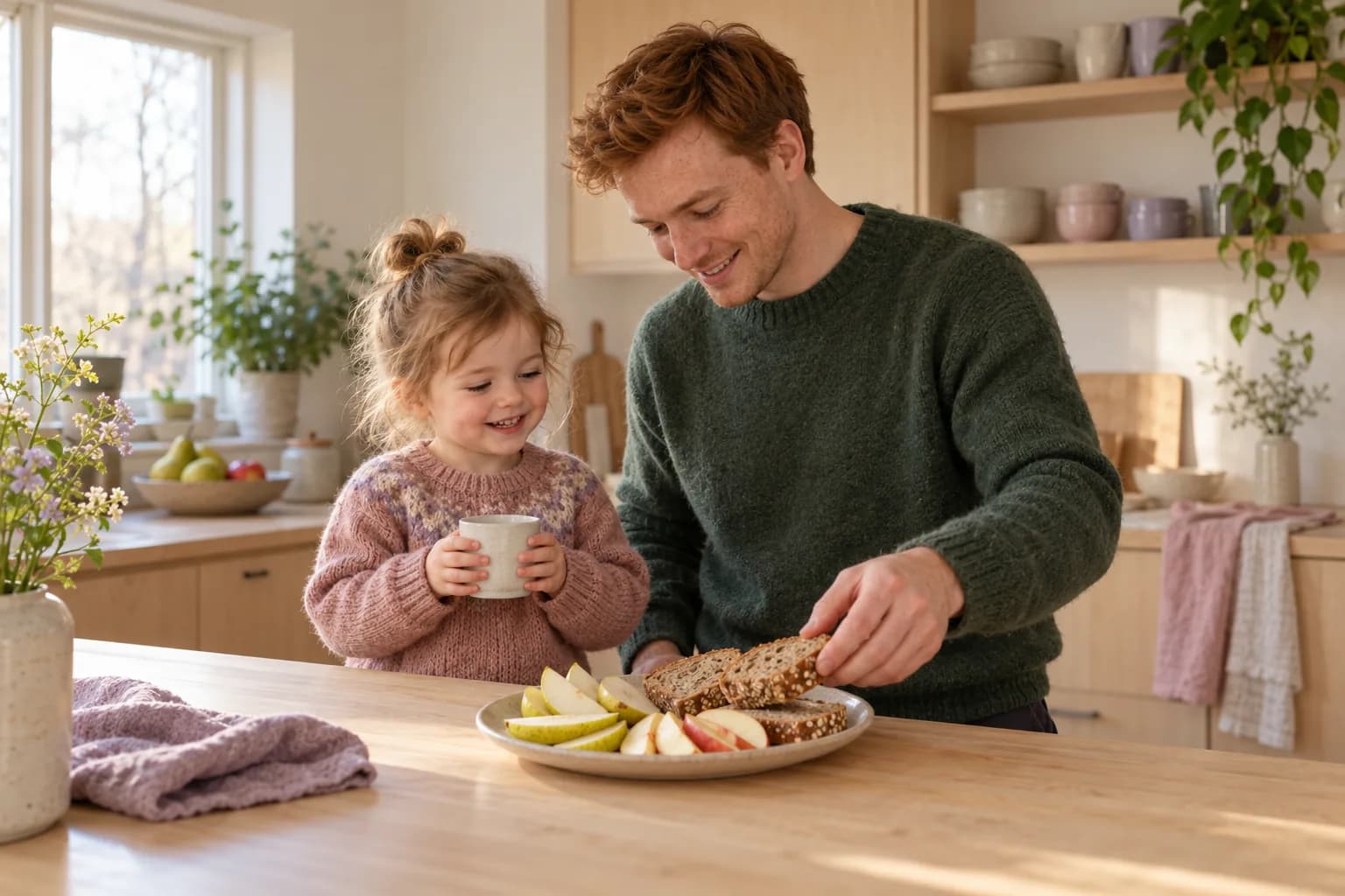 Far legger brødskiver på en tallerken med oppskåret pære og eple, mens barnet ved siden av smiler og holder en liten kopp vann med begge hender