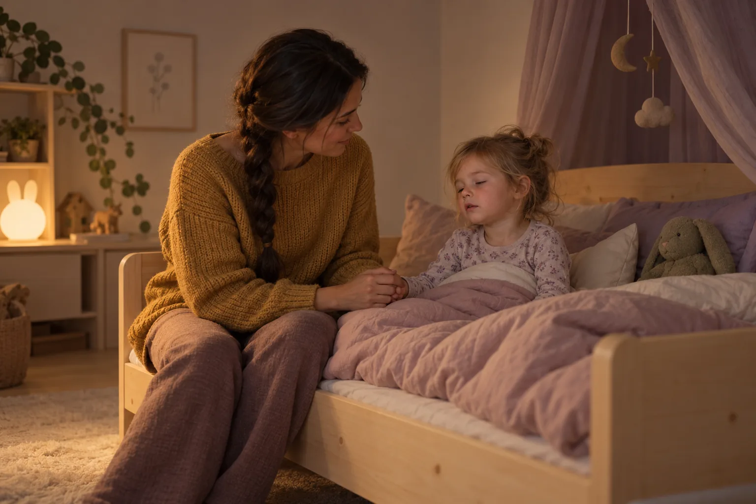 Mor sitter på sengekanten om natten og holder hånden til et søvnig barn som sitter halvsovende oppreist under dyna