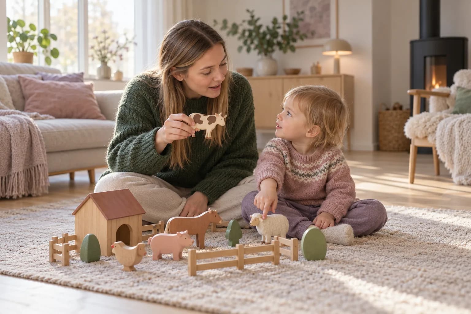 Mor sitter på gulvet og viser fram en ku av tre til et småbarn, som peker på en sau i en bondegård av treleker