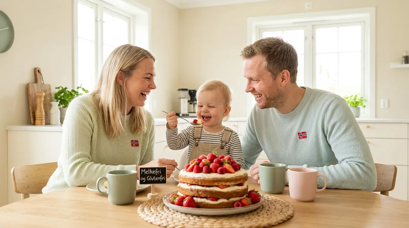 Familie som deler en allergivennlig bløtkake sammen på 17. mai