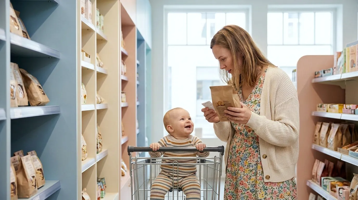 Forelder som leser innholdsfortegnelsen på en pakke mat i butikken før 17. mai