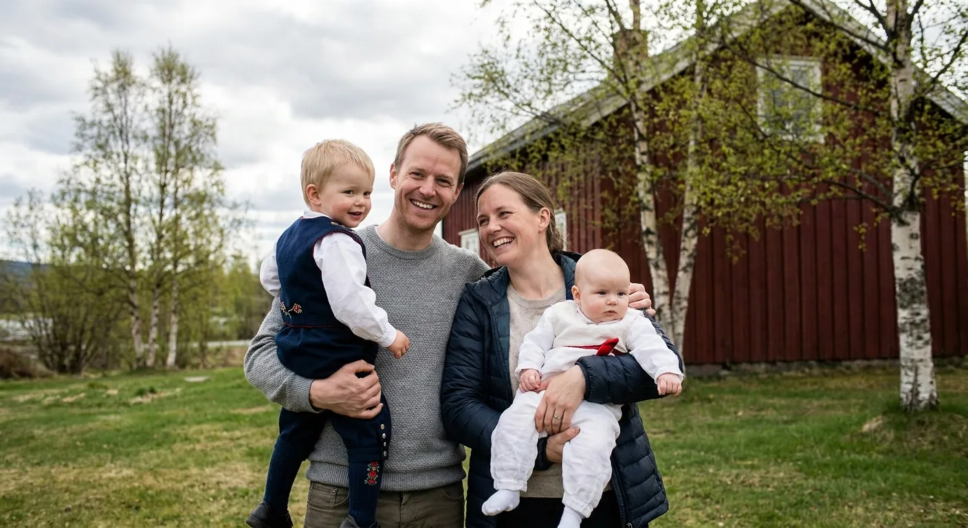 Familieportrett med baby og småbarn i 17. mai-antrekk