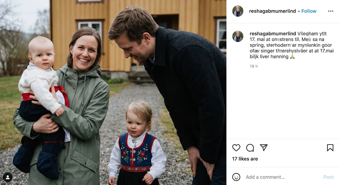 Familie med baby og småbarn i 17. mai-antrekk med bunad og festklær