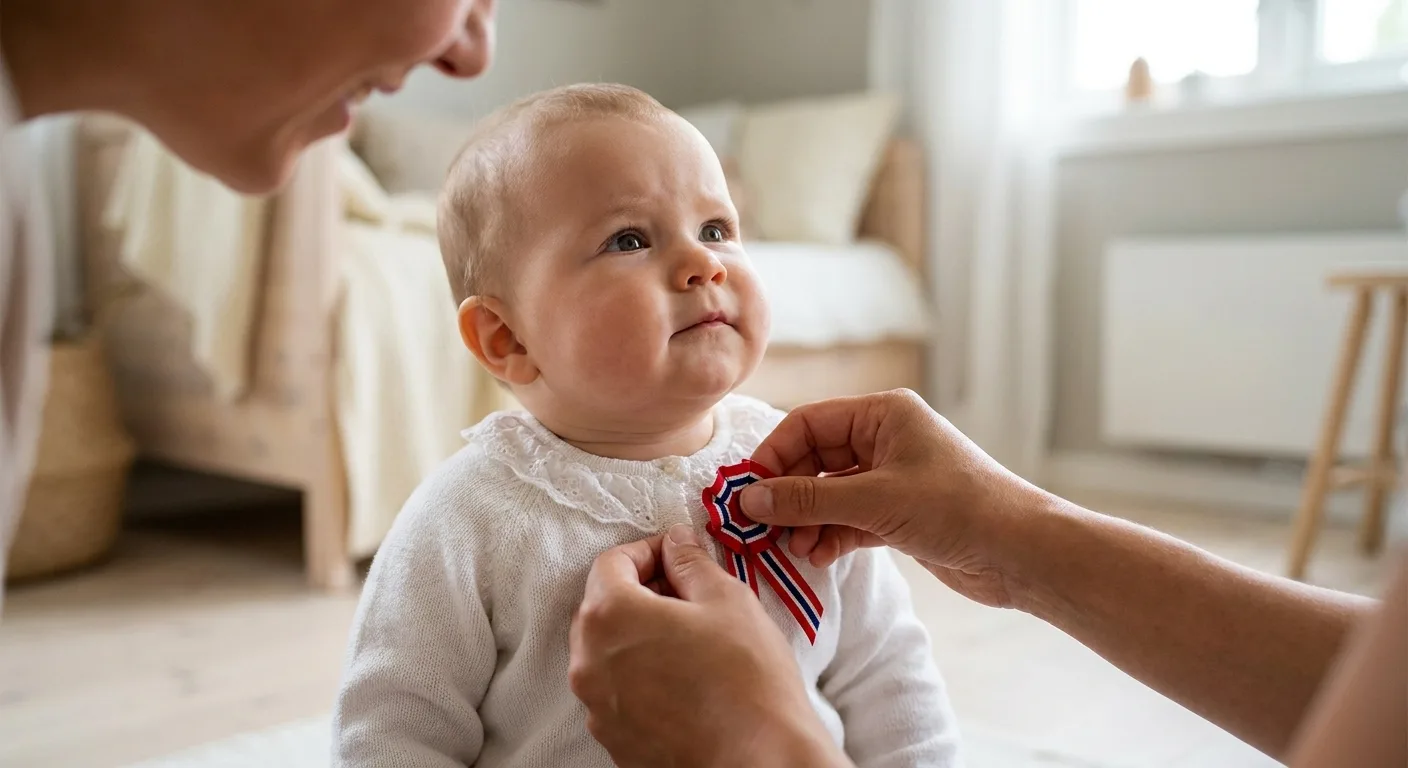 Forelder fester en liten rosette på baby sitt festantrekk