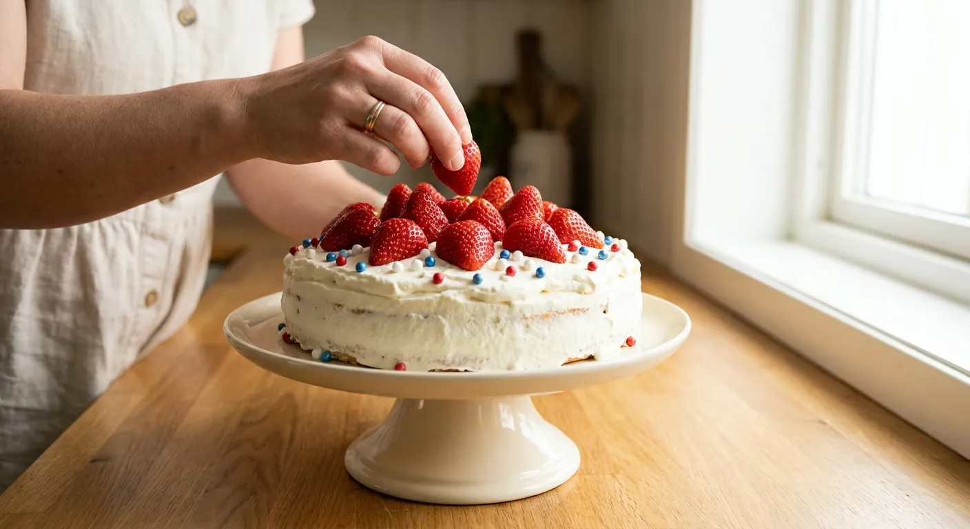 17. mai-bløtkake med jordbær og spiselig flagg-dekor klar til servering