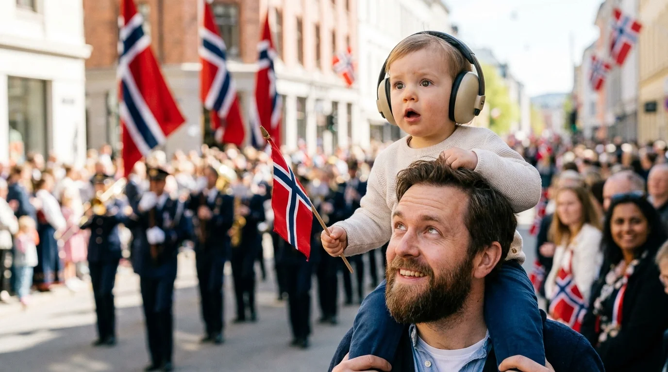 Småbarn som sitter på forelderens skuldre og følger med når korpset passerer