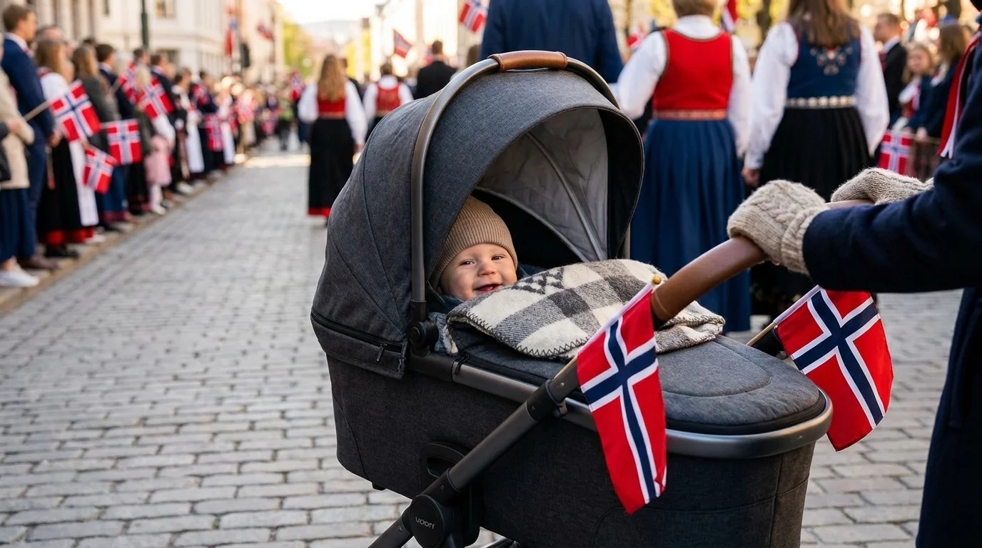 Familie med vogn og flagg langs 17. mai-ruta