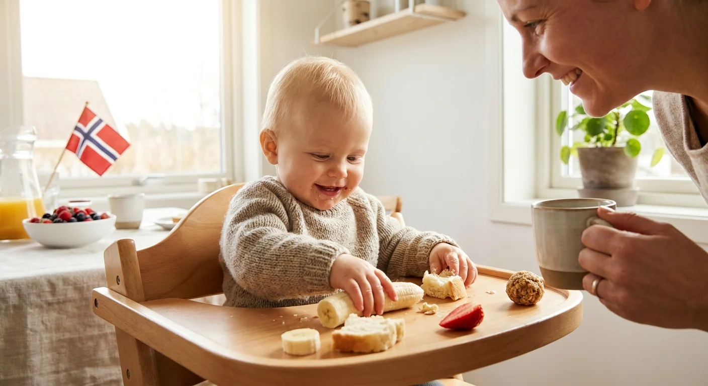 Baby i høystol med BLW-frokost, smilende forelder ved siden av