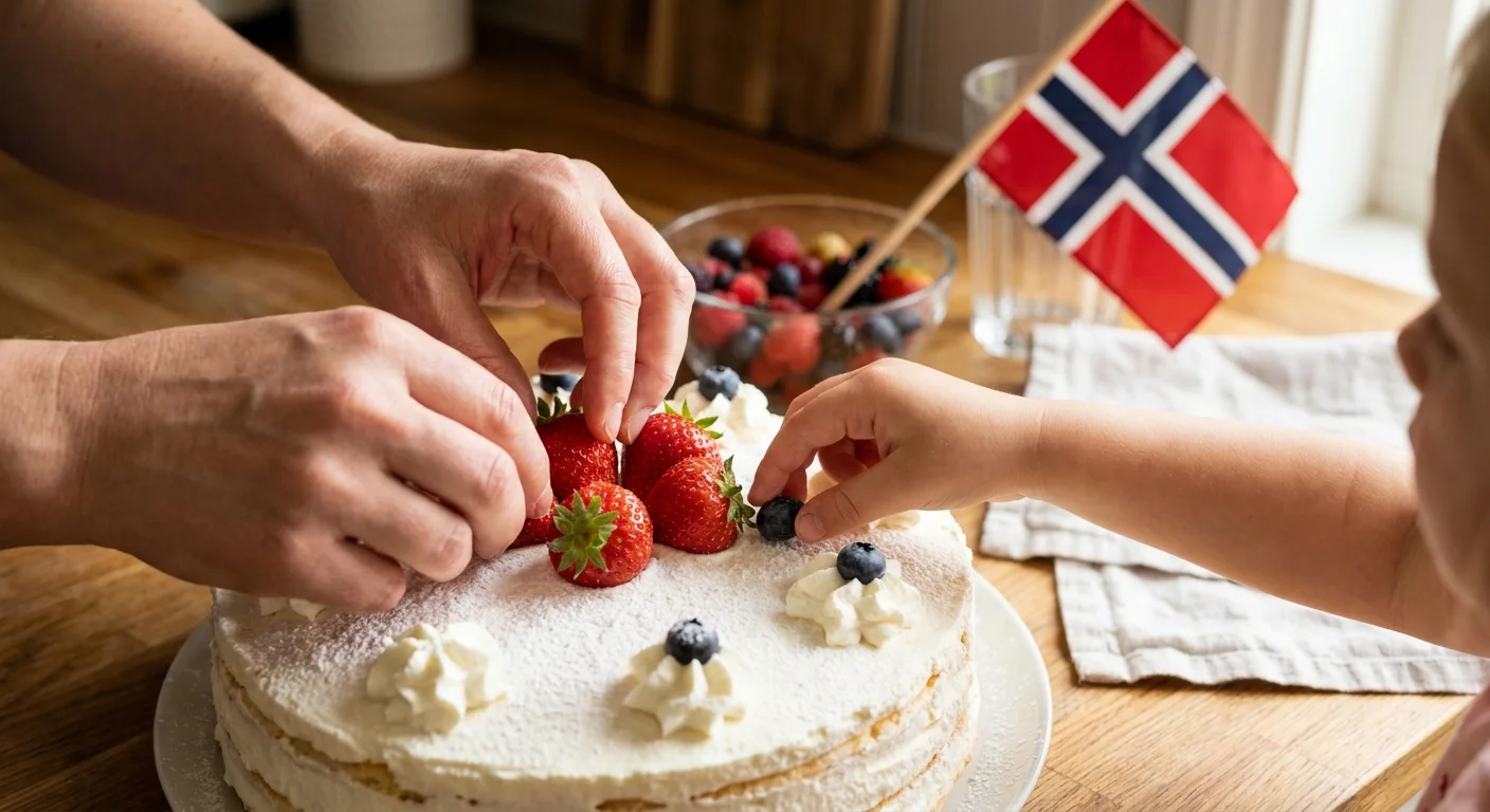 Hender som pynter en bløtkake med jordbær, barn hjelper til