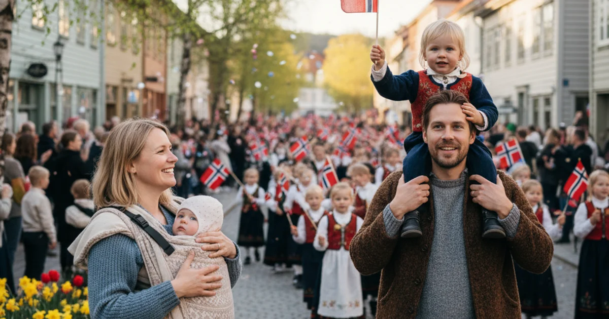 Forelder og barn med flagg og is på 17. mai