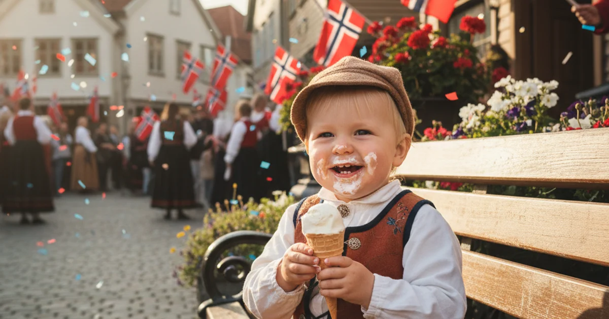 Familie med småbarn som feirer 17. mai med norske flagg og bunad