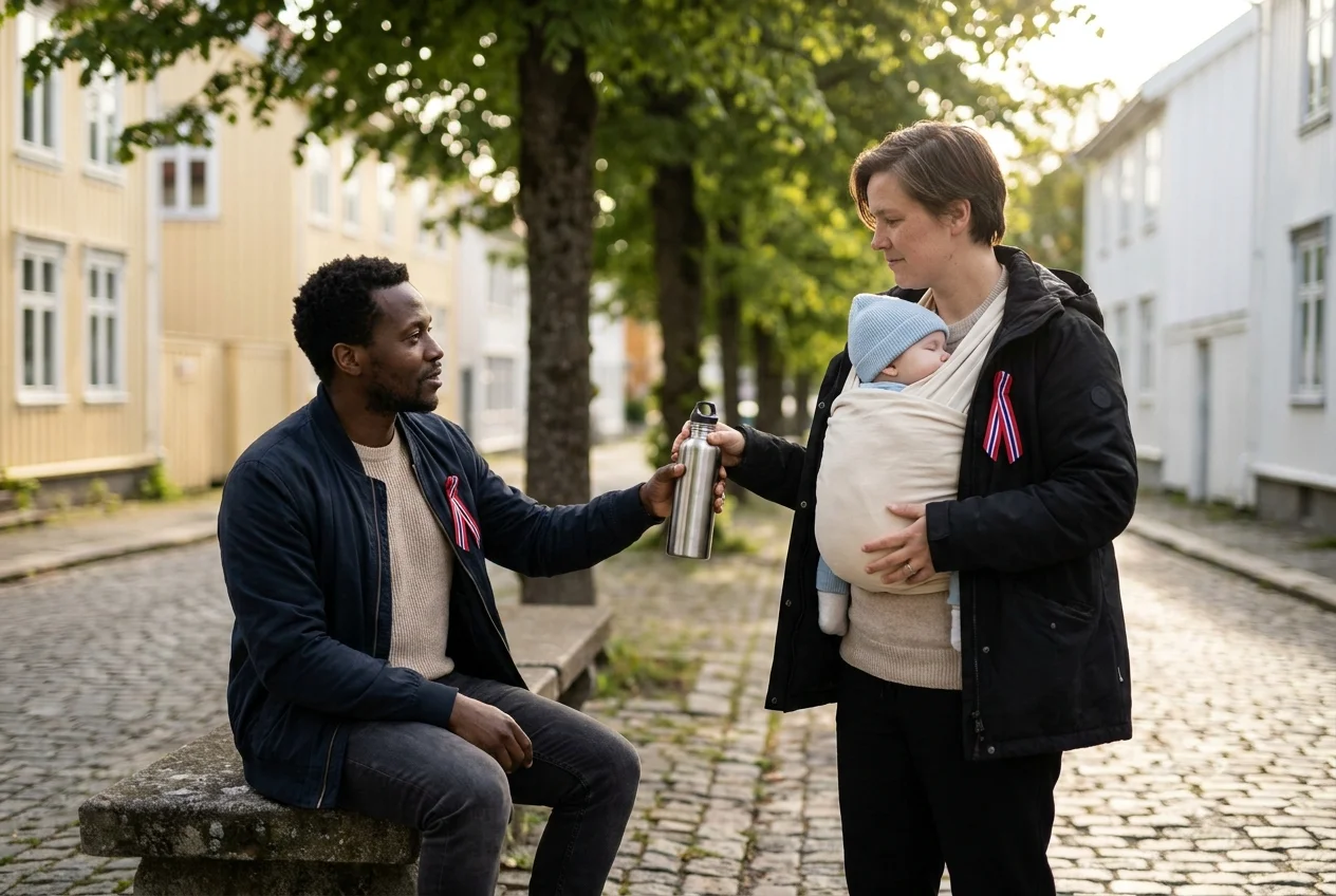 Familie på stille sidegate hviler, baby i bæresele