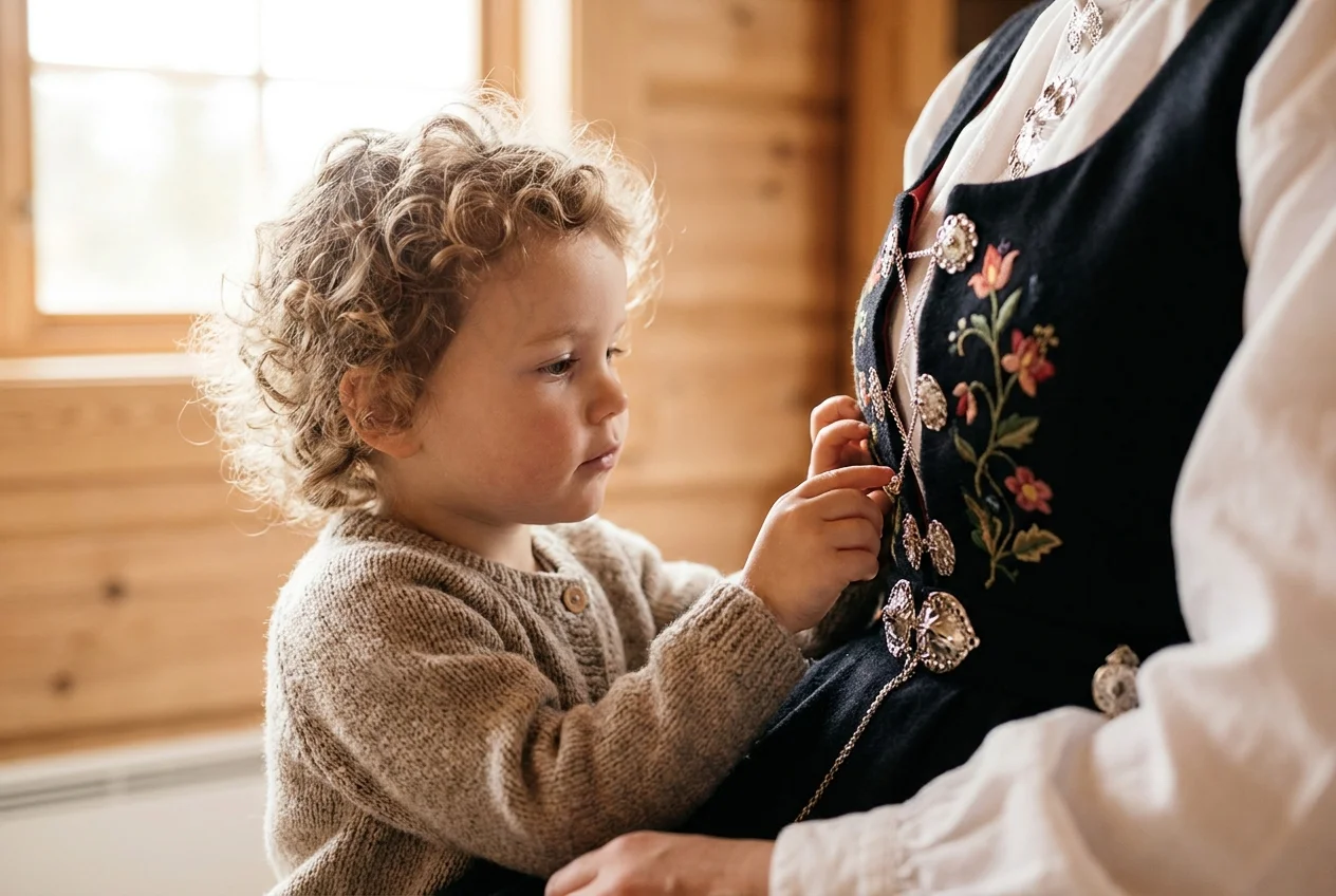 Barn som studerer detaljer på sin egen bunad med nysgjerrig blikk