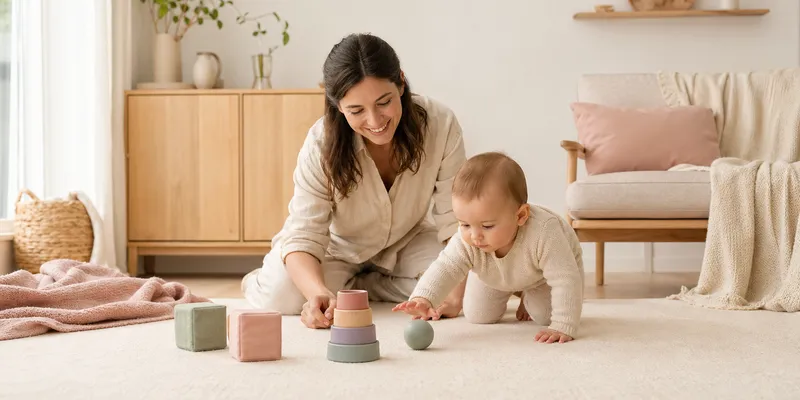 Omsorgsfull forelder som støtter barn - Aktiviteter for baby 6-12 måneder - lek som støtter utvikling