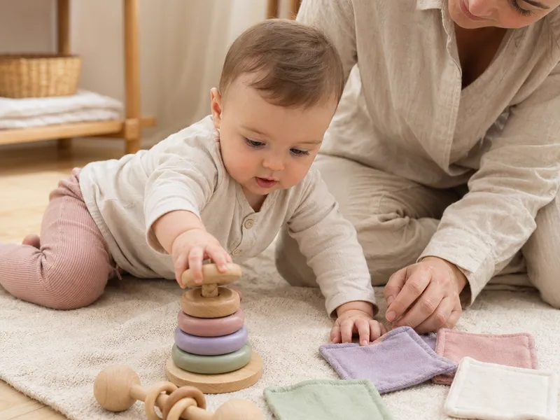 Forelder og barn i et rolig hjemmemiljø - illustrasjon for Aktiviteter for baby 6-12 måneder - lek som støtter utvikling