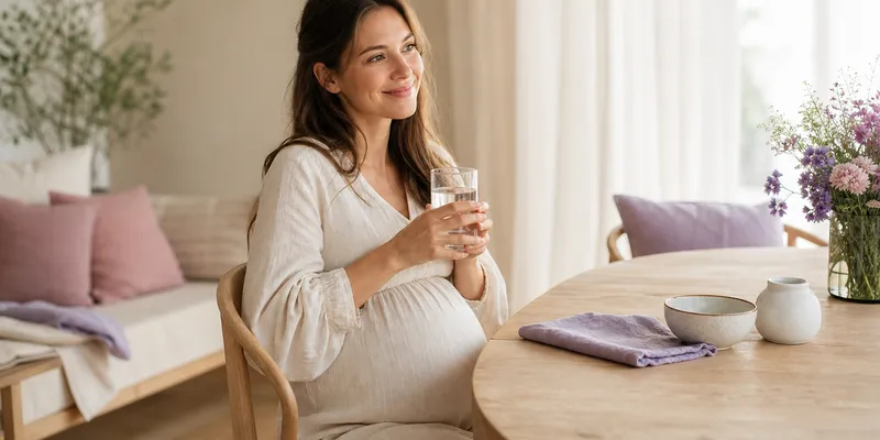 Gravid kvinne som koser seg med en kopp te i en lys sofakrok