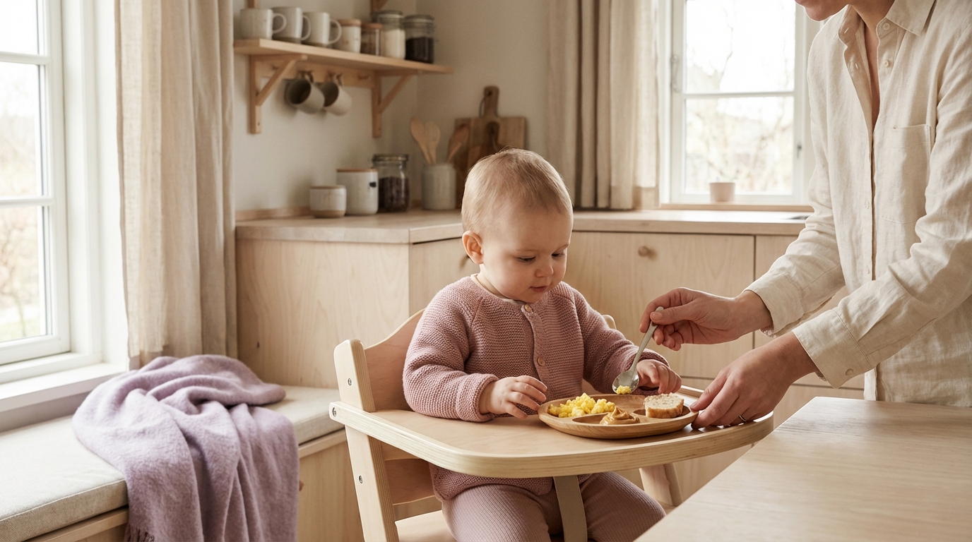 Baby smaker forskjellige matvarer som egg, peanøttsmør og brød på en tallerken i skandinavisk kjøkken