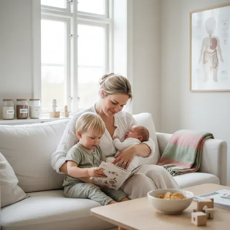 Forelder og barn i et rolig hjemmemiljø - illustrasjon for Allergi hos barn