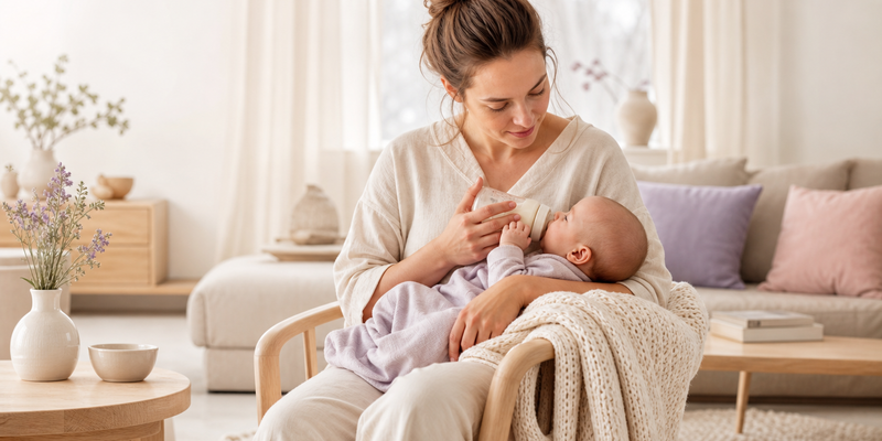 To foreldre samarbeider om en glad baby i en lys stue