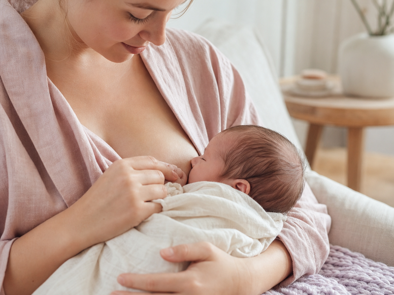 En forelder pumper morsmelk ved et kjøkkenbord mens en baby ligger trygt i nærheten