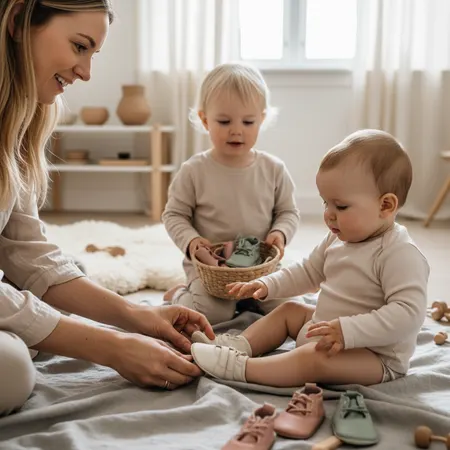Omsorgsfull forelder som støtter barn - Babys første sko