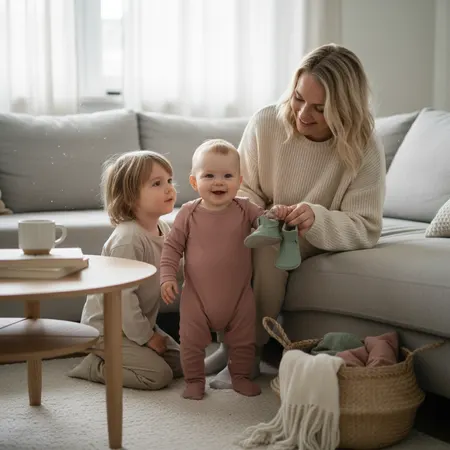 Forelder og barn i et rolig hjemmemiljø - illustrasjon for Babys første sko