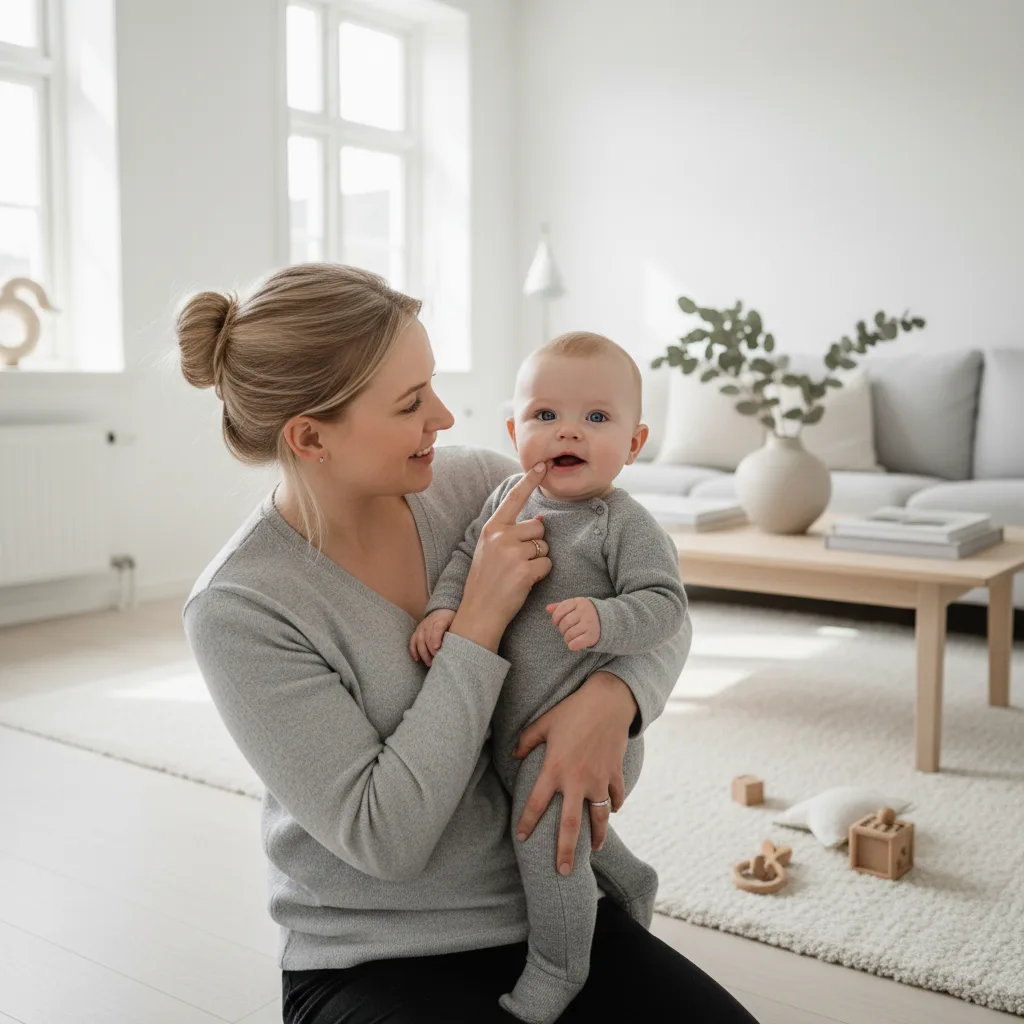 Forelder og barn i et rolig hjemmemiljø - illustrasjon for Babyens første tann