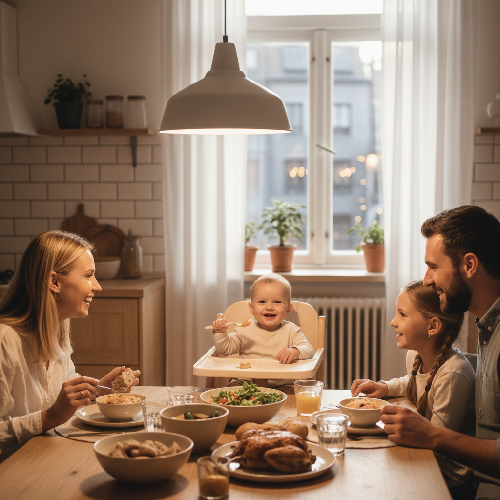 Familie som spiser middag sammen med baby i varmt skandinavisk hjem