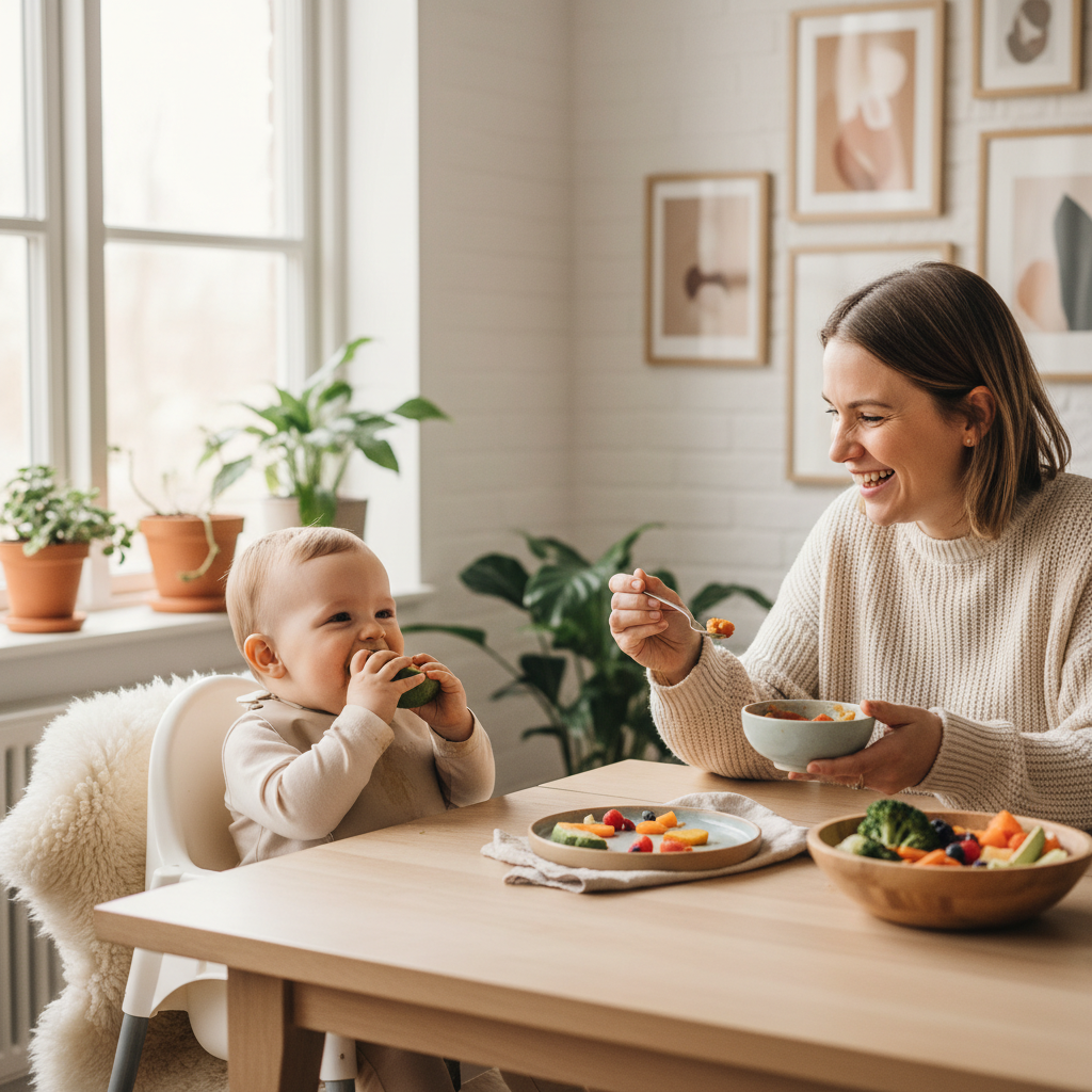 Fornøyd baby som spiser i barnestol med fargerikt måltid