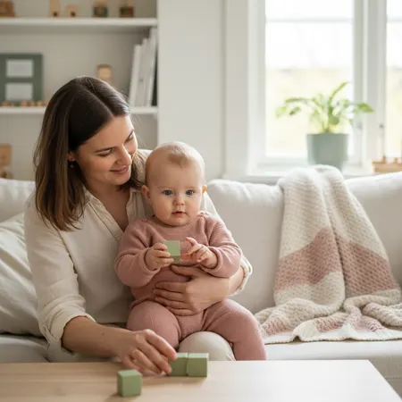 Omsorgsfull forelder som støtter barn - Baby peker ikke ved 12 måneder