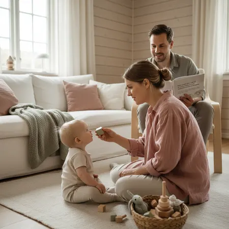 Forelder og barn i et rolig hjemmemiljø - illustrasjon for Baby peker ikke ved 12 måneder