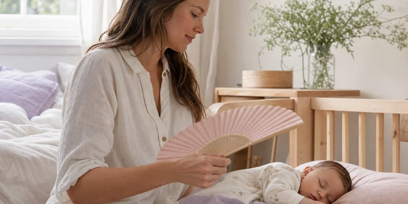 Mor som vifter forsiktig til sovende baby i solfylt nordisk soverom