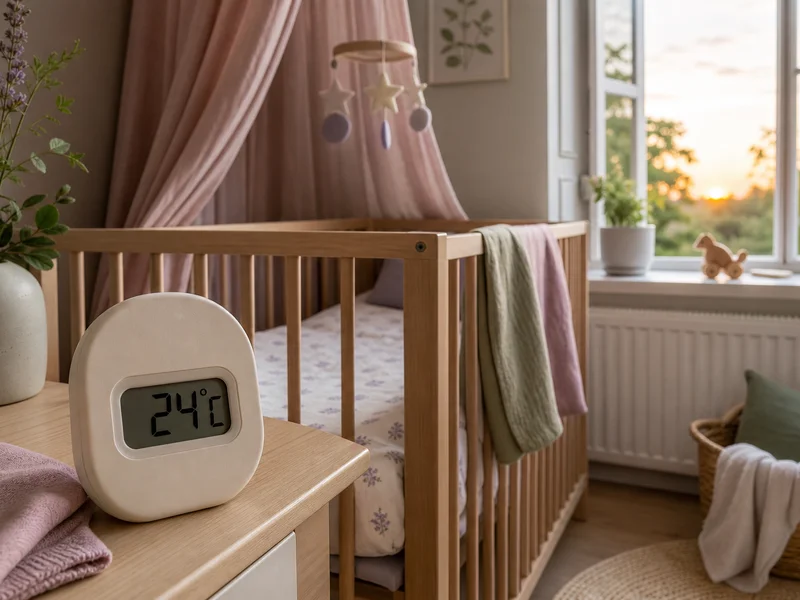 Babytermometer som viser 24 grader ved babyens seng på sommerkveld