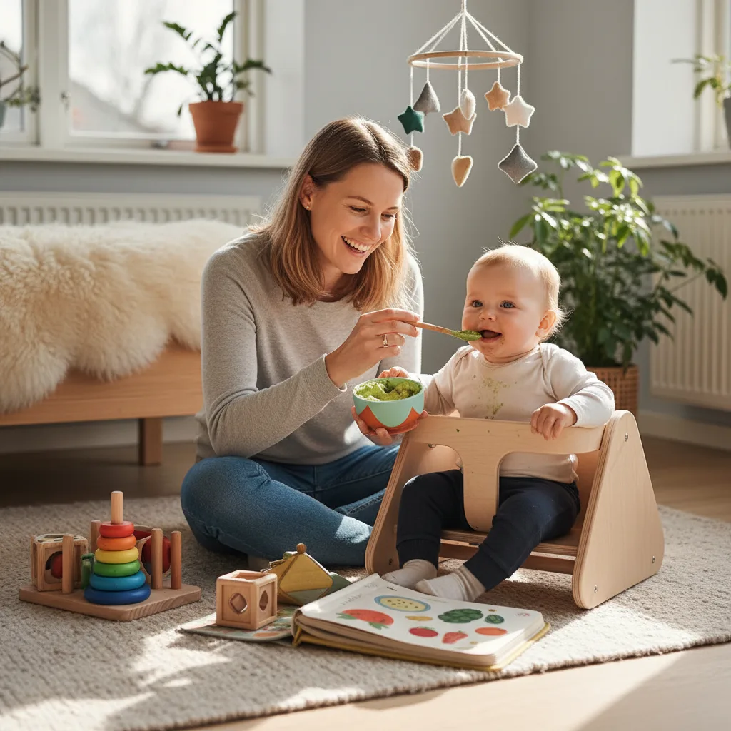 Forelder og barn i et rolig hjemmemiljø - illustrasjon for Baby 6 måneder