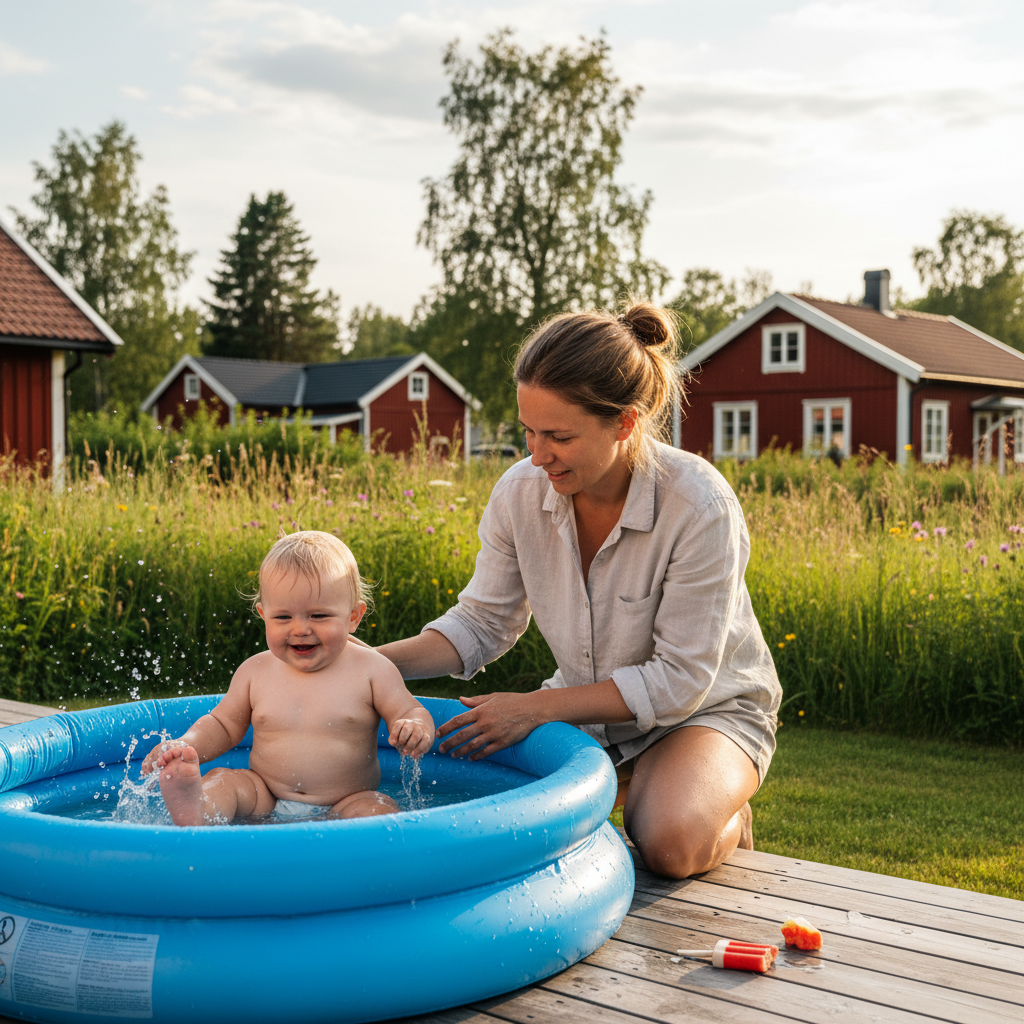 Baby som leker med vann i et lite basseng i skyggen under et tre