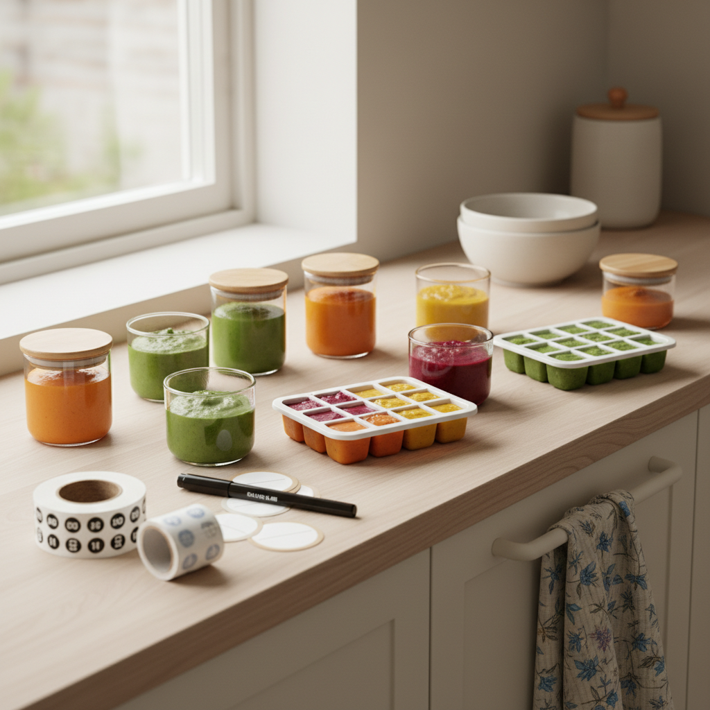 Hjemmelaget babymat i porsjonsbokser og isbiterformer klar for frysing på et skandinavisk kjøkkenbord