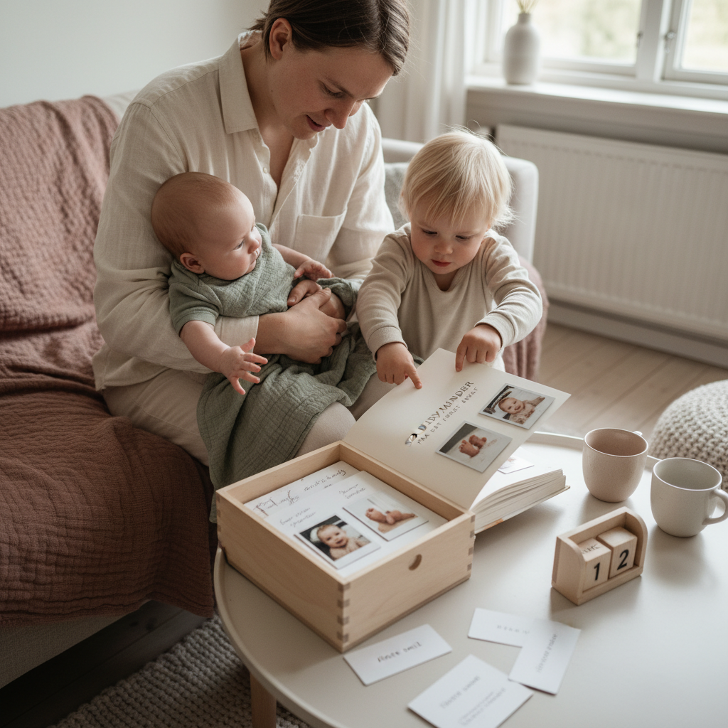 Forelder og barn i et rolig hjemmemiljø - illustrasjon for 52 babyminner fra det første året du ikke vil glemme