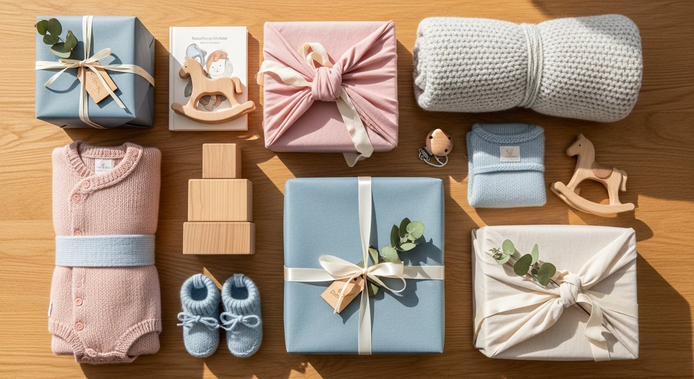 Vakker flatlay av babyshower gaver med ullklær, treleker og myke farger
