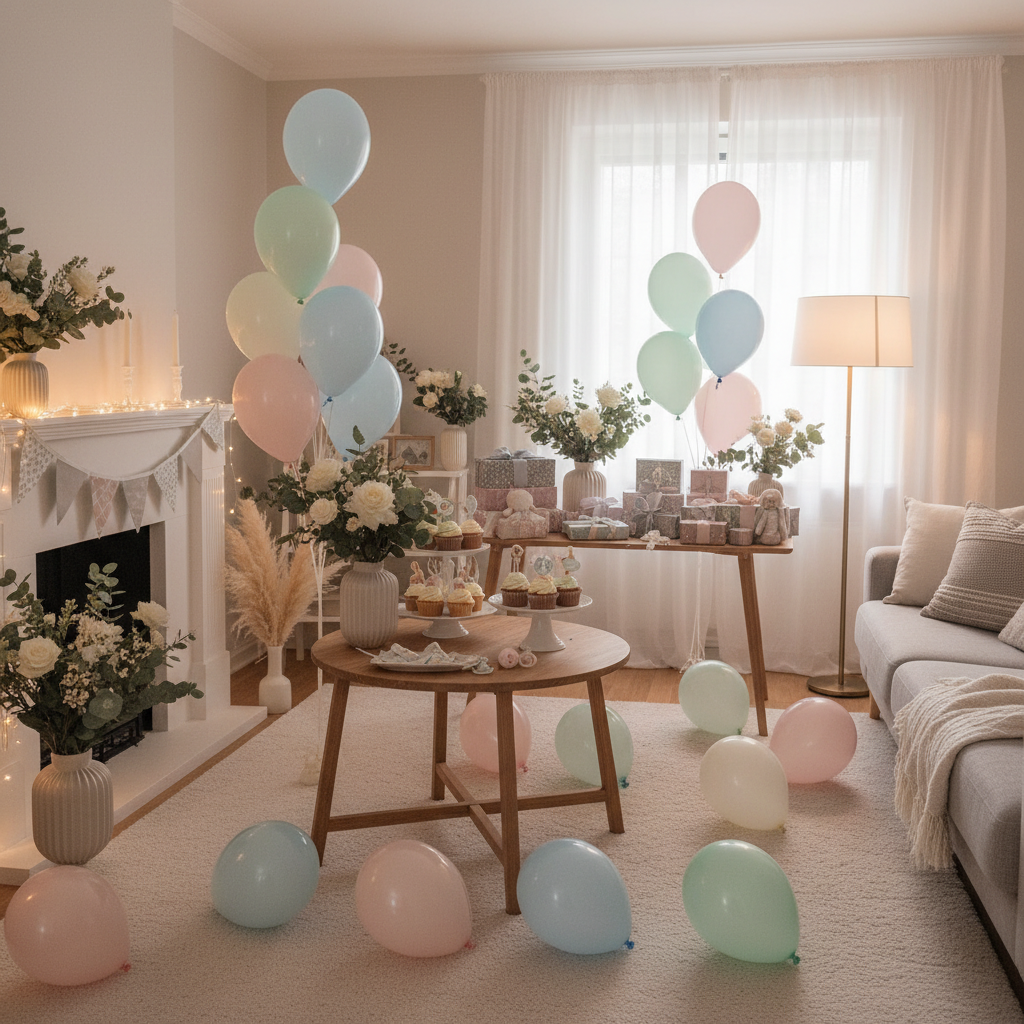 Vakkert dekorert babyshower med ballonger, kake og gaver i myke pastellfarger